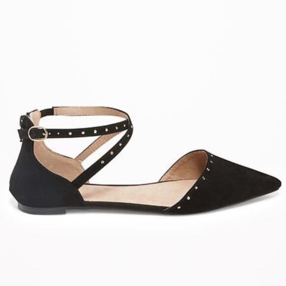 Old Navy black studded faux suede criss cross ankle strap flats size 10 - Picture 1 of 6